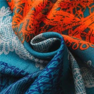 Retro paisley cotton-linen scarf with bohemian orange and blue geometric patterns