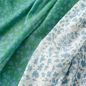 Close-up of floral paisley print on lightweight linen-feel scarf with blue flowers