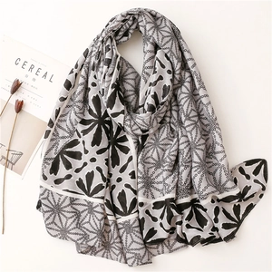 Chic grey linen feel scarf with black floral prints and dots for sun protection