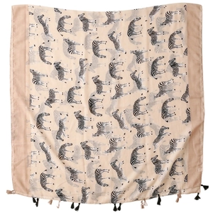 Beige zebra print scarf for women with tassels made of cotton-linen blend fabric