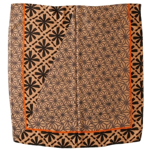 Linen feel square scarf with vintage earth tones and geometric floral pattern edge