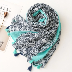 Bohemian mandala print oversized scarf with fringe tassels in blue and mint green