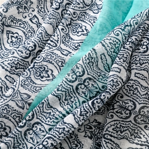 Macro view of paisley print cotton scarf fabric showing blue and white weave texture