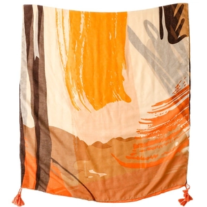 Sunset orange abstract silk shawl with geometric prints and fringe tassels for women