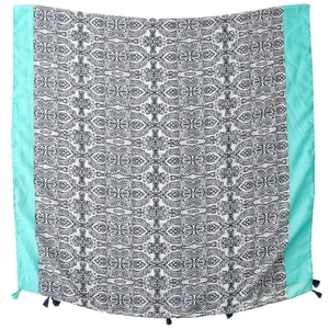 Bohemian oversized scarf with paisley print and navy tassels on white background