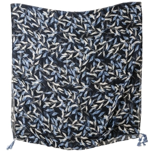 Navy blue linen-feel scarf with leaf print and blue tassels on a white background