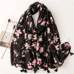 Women Floral Print Scarf Elegant Magnolia Shawl With Tassels Soft Cotton Linen Feel Lightweight Breathable Wrap