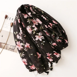 Black cotton linen scarf with pink magnolia floral prints and white tassels