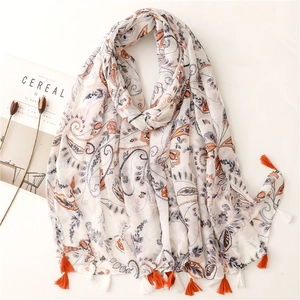 Paisley Scarf Shawl Polyester Voile Cotton Linen Feel Tassels Lightweight Breathable Bohemian Sunshade For Women
