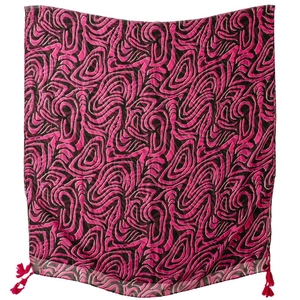 Écharpe femme à motif géométrique abstrait magenta et noir avec bordures à franges
