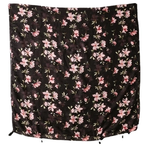 Elegant black scarf with pink lily flower patterns and decorative fringe borders