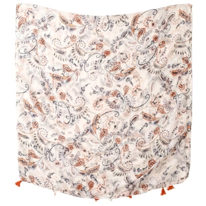 White paisley cotton linen scarf with orange tassels and bohemian ethnic print shawl