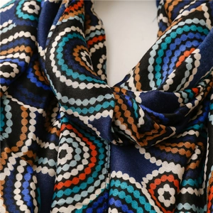 Detailed close-up of geometric kaleidoscope print on soft cotton linen blue scarf