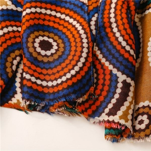 Detailed close-up of ethnic cotton-linen scarf showing kaleidoscope patterns and fringe edges