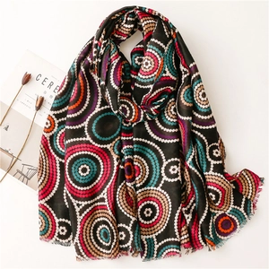 Detailed flat lay of a black shawl with colorful concentric circles and raw fringe edges