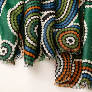 Detail of bohemian scarf showing colorful kaleidoscope dots and soft fringe edges