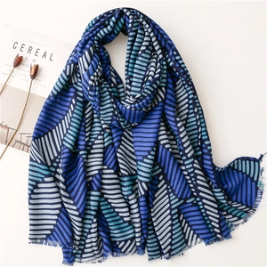 Striped patchwork cotton linen scarf in navy and grey with fringe edges for winter