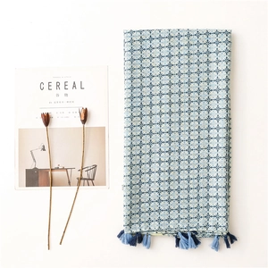 Ethnic style sun protection shawl with blue geometric print and cotton tassels