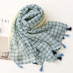 Ethnic style geometric print shawl with blue tassels on lightweight soft cotton blend fabric