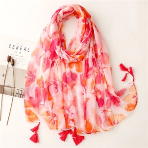 Écharpe Imprimée Florale Pour Femmes Châle En Voile Léger Avec Glands Doux Respirant Protection Solaire Enveloppement De Plage Style Japonais