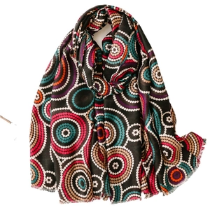 Ethnic cotton linen scarf with colorful kaleidoscope circle patterns and frayed edges