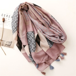 Pink plaid cotton linen scarf with geometric clover patterns and tassel details