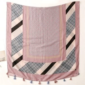Pink plaid cotton linen scarf with geometric color blocks and handmade fringe tassels
