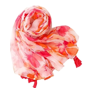 Écharpe florale rose et orange au toucher coton avec pampilles à franges rouges