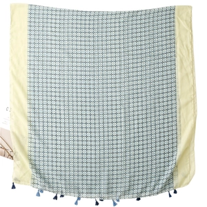 Ethnic style sun protection scarf with geometric diamond patterns and blue tassels
