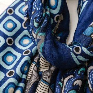 Macro shot of blue paisley patchwork scarf showing twill texture and detailed print