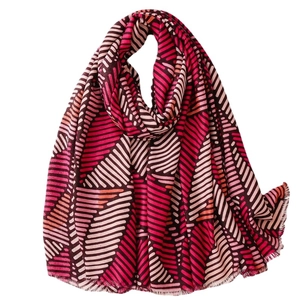 Striped cotton linen blend scarf with colorful geometric patterns and fringe edges
