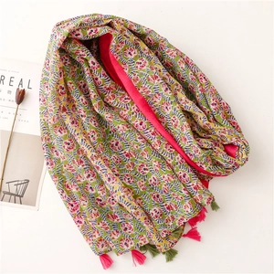 Floral print cotton linen scarf with tassels and colorful tree branch patterns