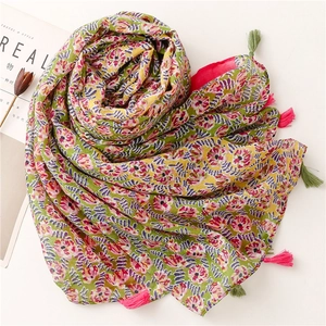 Floral print cotton linen scarf with colorful tree branch patterns and tassels