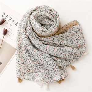 Floral cotton linen scarf with blue and red patterns and elegant tassel edge trim