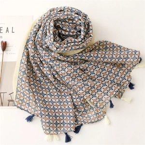 Navy and brown geometric pattern cotton-linen scarf with elegant fringe tassels