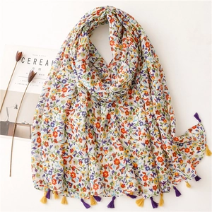 Floral Print Scarf Voile Polyester Lightweight Tassels Sun Protection Bohemian Style Women Long Wrap