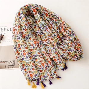 Floral print cotton linen scarf with colorful patterns and handmade tassel fringe