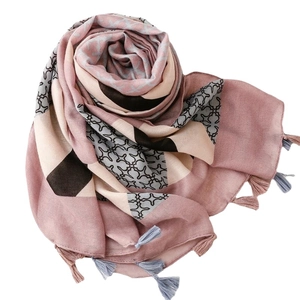 Pink plaid cotton linen scarf with geometric patterns and handmade fringe tassels