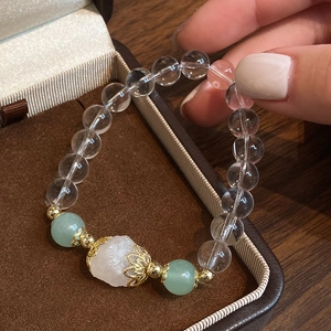 Pulsera de Cuentas de Cristal Blanco Con Calcedonia Verde Piedra en Bruto Espaciadores de Metal Dorado Joyería Estilo Chino