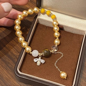 Bracelet Perlé En Cuivre Plaqué Or 14K Imitation Künstliche Perle Oeil De Tigre Pendentif Abeille Zircon Chaîne Extension Pour Femme