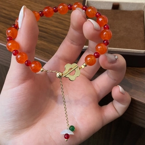 Beaded Bracelet Natural Stone Carnelian Green Chalcedony Brass Flower Pendant Toggle Clasp New Chinese Style Elegant