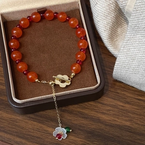 New Chinese style chalcedony beaded bracelet with orange beads and golden plum toggle clasp