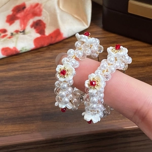 Handmade Floral Beaded Hoop Earrings With Faux Artificial Pearls And Red Beads Copper Base Elegant C Shape Jewelry For Women