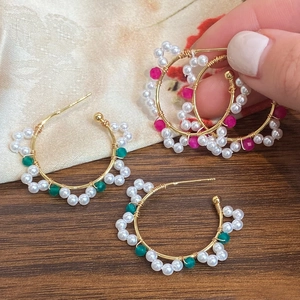 Boucles D'oreilles Créoles Géométriques Fil De Cuivre Doré Tissé À La Main Avec Künstliche Perle Et Cristaux Bijoux Rétro Pour Femmes