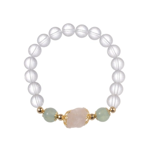 Pulsera china de cristal blanco con calcedonia verde y piedra de cuarzo rosa natural