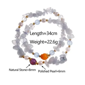 Handmade beaded necklace with blue natural stones, pearls and golden beads, 34cm length