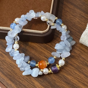 Handmade Natural Stone Beaded Bracelet Irregular Aquamarine Artificial Pearl 14K Gold Plated Brass Elegant Boho Jewelry For Women