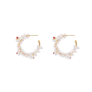 Exquisite handmade floral pearl and natural stone beaded hoop earrings in gold finish
