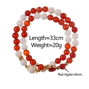 Handmade red agate and chalcedony beaded bracelet with golden charms in retro style