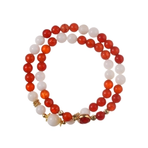 6mm Red Agate and White Chalcedony double-layer beaded bracelet with gold accents